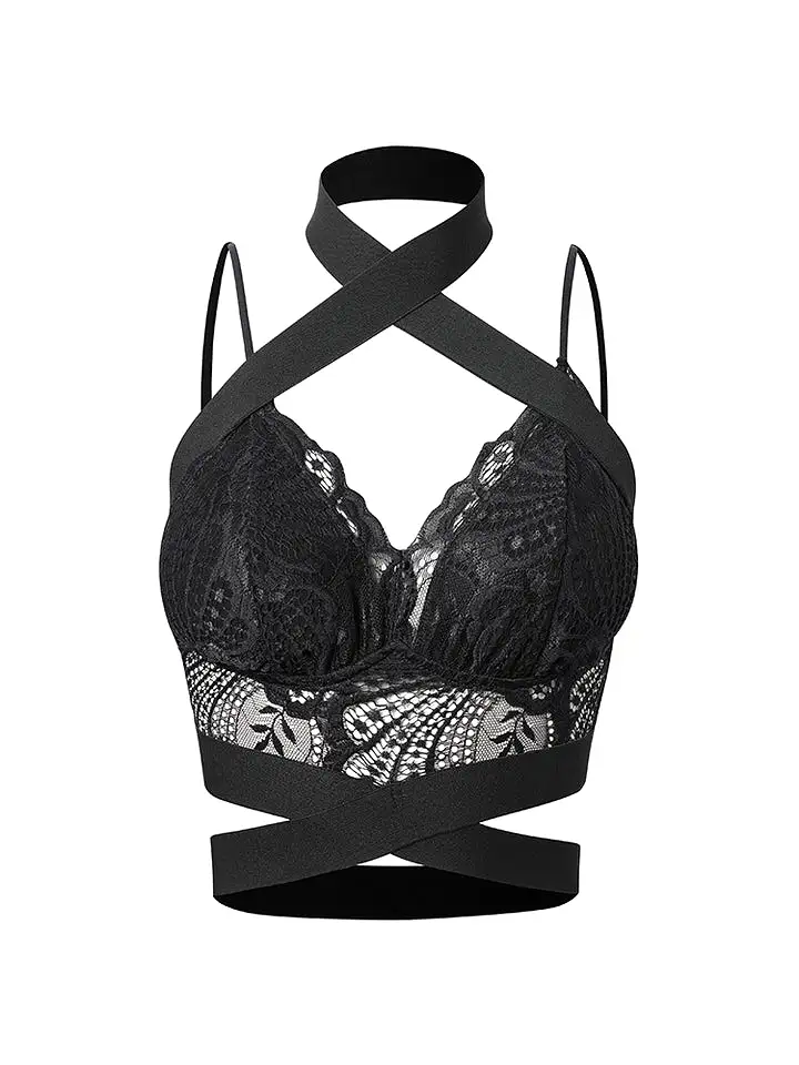 ZYM Dance Style Black Lace Latin Practice Crop Top with V-Neckline, Cross Strap Detailing, and Adjustable Shoulder Straps PRA 91