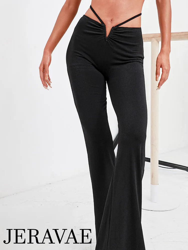 ZYM Dance Style Black Latin Practice Pants with Flared Bottom, Thin Strap Tie-Up, and Metal V Detail PRA 912 in Stock