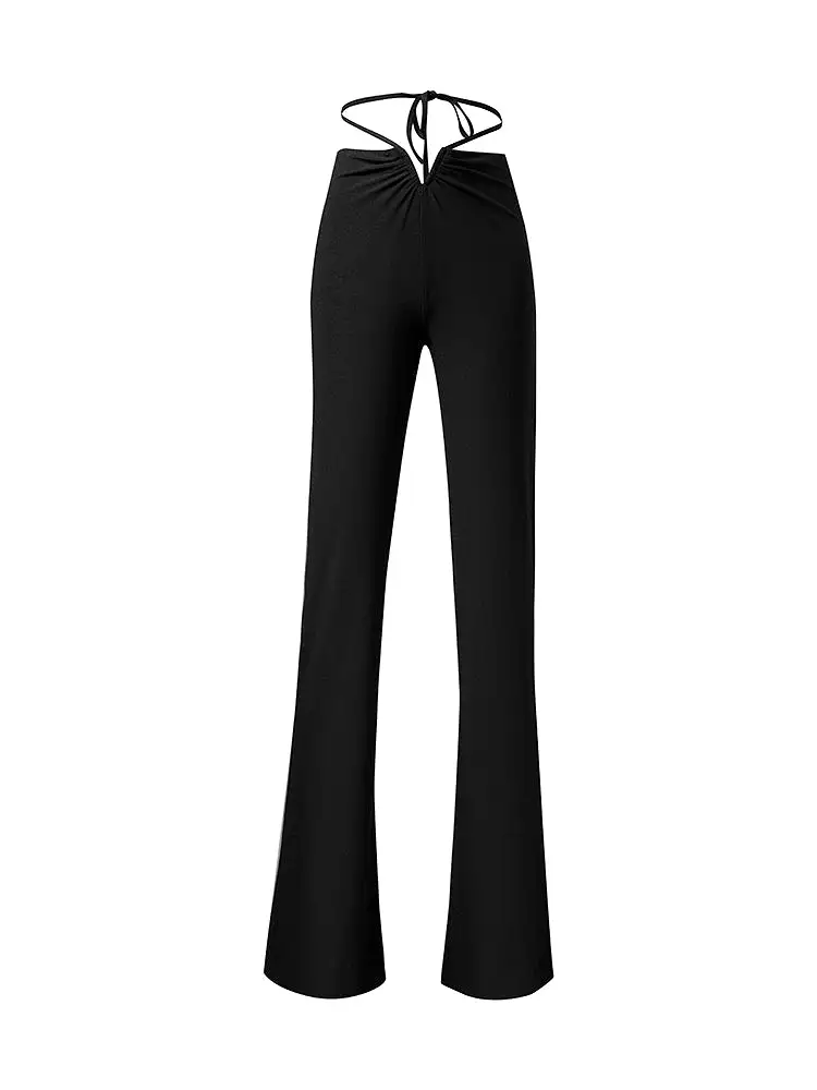 ZYM Dance Style Black Latin Practice Pants with Flared Bottom, Thin Strap Tie-Up, and Metal V Detail PRA 912 in Stock